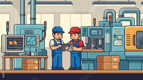 Two factory workers in pixel art style discussing plans on a tablet in a modern manufacturing plant