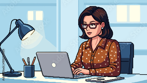 Focused woman in retro office setting working on laptop under desk lamp