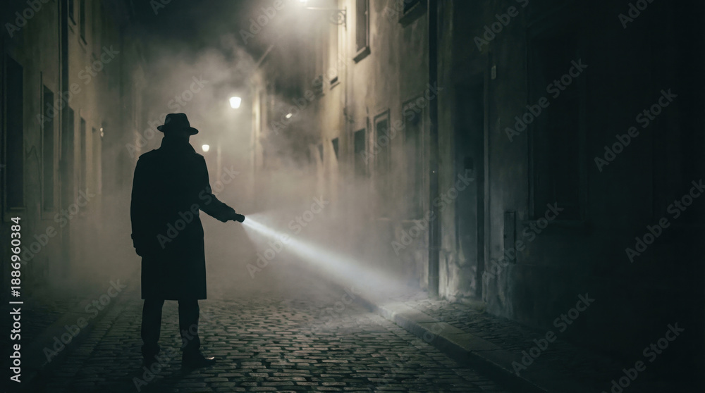 Fototapeta premium Mysterious Detective in Trench Coat with Flashlight Amidst Foggy Night Atmosphere
