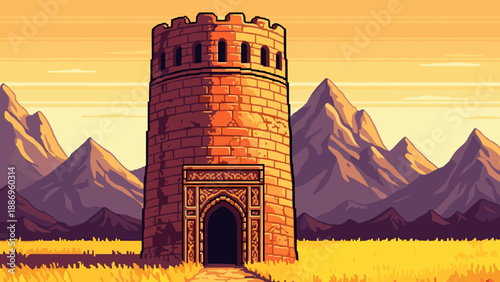 Pixel art ancient brick tower stands tall against a mountain backdrop at sunset