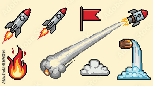 Pixel art collection of rockets, fire, smoke, and water effects for games
