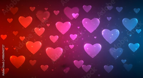Floating hearts in various sizes and colors scattered across a gradient background viewed from a straight-on perspective