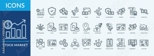 Stock Market - Icon Collection. Thin Outline Set contains such Icons as profit, revenue, cashback and more. Simple web icons set