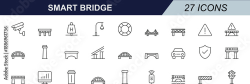 Smart bridge vector icon set. Featuring suspension, tunnel, sensor, safety, and traffic flow. Ideal for UI, web, apps, and transport projects.