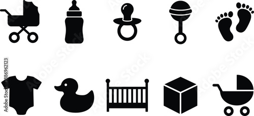 Collection of ten black vector silhouette icons for baby care featuring strollers, bottle, pacifier, rattle, footprints, clothes, duck, crib