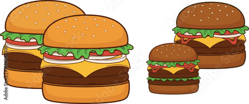 Vector illustration set of gourmet double cheeseburgers with onion rings and lettuce in both clean and sketched styles