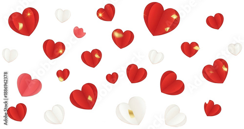 Decorative paper hearts in red white and pink with golden details for festive celebrations PNG