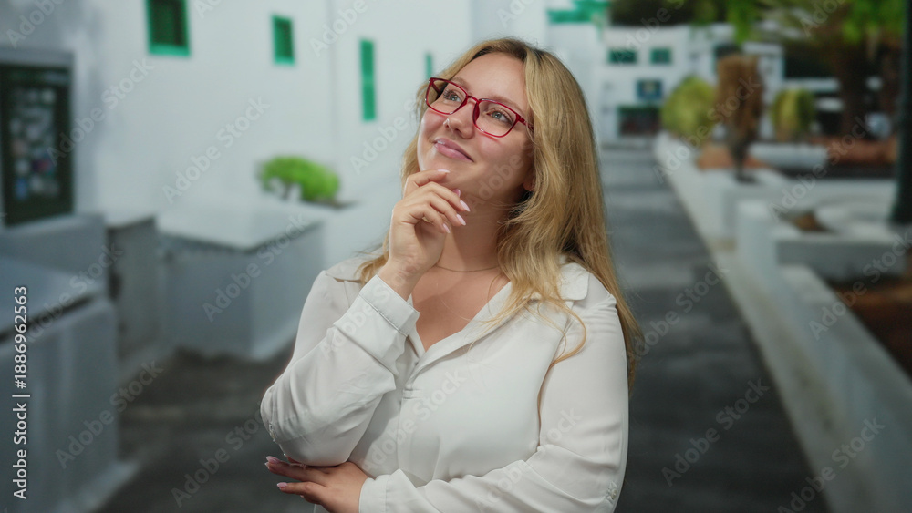 Fototapeta premium Woman wearing glasses standing on a city street, looking thoughtful and smiling, surrounded by urban architecture and greenery, with blonde hair and a white blouse.