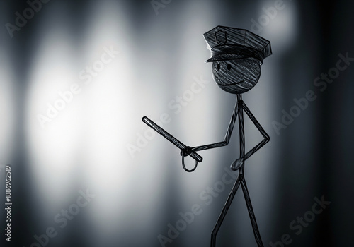 Police Stickman Character with Baton in Minimal Dark Concept Lighting