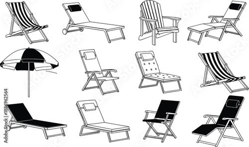 Beach chair and sun lounger collection with umbrella, black and white vector outdoor furniture illustrations isolated for summer vacation, poolside, patio design