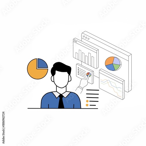 Flat vector illustration of a businessman with business idea and data analysis concept.