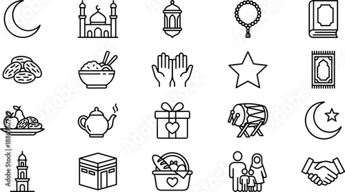 Ramadan Kareem Icon Collection Featuring Mosque, Kaaba, Quran, Lantern, Prayer Beads, Camel, Dates, Islamic Ornaments, And Eid Mubarak Line Art Vectors,