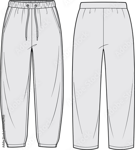 Flat vector illustration, sweatpants sketch, front and back view, drawstring waist, side pockets, fashion template, garment design, apparel