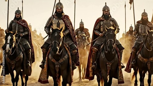 Cinematic Cavalry of ancient armored warriors riding through a dusty desert landscape