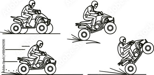Four different illustrations of a person riding an allterrain vehicle on various terrains  fourwheeler action scenes