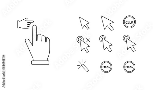 Minimal mouse cursor and clicking hand icons vector illustration