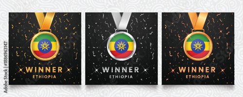 A prestigious collection of gold, silver, and bronze medals, each showcasing the distinctive flag of Ethiopia, set against a sophisticated dark background with celebratory confetti and sparkling accen