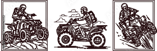 Fourwheeled ATV vehicles with riders in various positions on rugged terrain  offroad fun