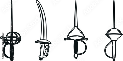 Four medieval swords with different handles and blades isolated on transparent background