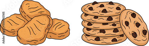 Vector illustration set of grilled golden nuggets and stacked chocolate chip cookies isolated on white background for snacks.