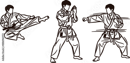 Martial arts karate practitioners performing various stances and movements in uniform  isolated on transparent background