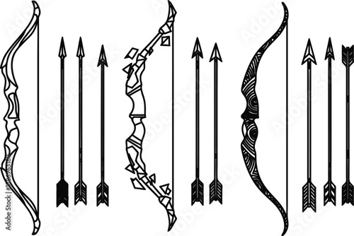 Set of various ancient bows and arrows for hunting or combat  medieval weaponry