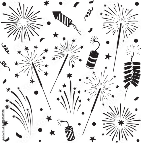 Fireworks silhouette graphic with explosive designs and stars