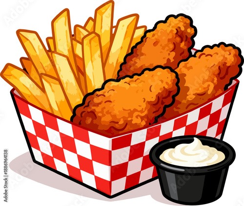 Crispy Fried Chicken Tenders Overflowing with Fries in Checkered Takeaway Basket – Cartoon Vector Art