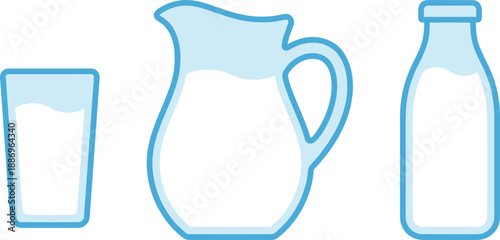 Milk containers set, glass pitcher bottle, dairy product icons in blue outline style for kitchen use, flat vector illustration