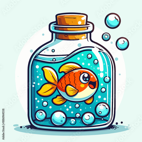 Cartoon vector illustration of fish in a bottle