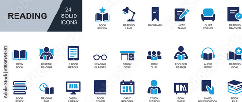 Reading solid vector icon set. Featuring book, study, bookmark, ebook, audiobook, reader, and shelf symbols. Perfect for UI, education apps, planners, and library projects.