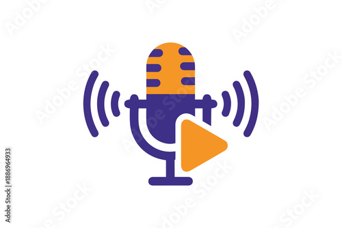 Podcast microphone with play button vector icon - Professional audio recording and streaming logo design