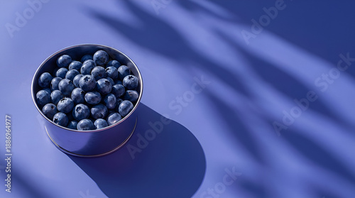 Fresh blueberries in a silver tin container on a purple surface with shadows in the background during daytime.