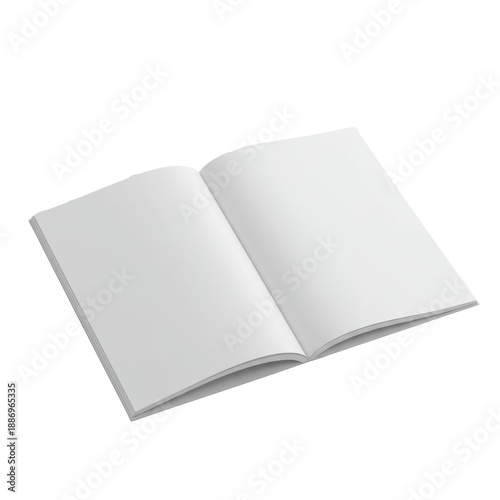 Top-down view of an open publication mockup with blank pages on a white background with soft studio light. Minimalist template for graphic design