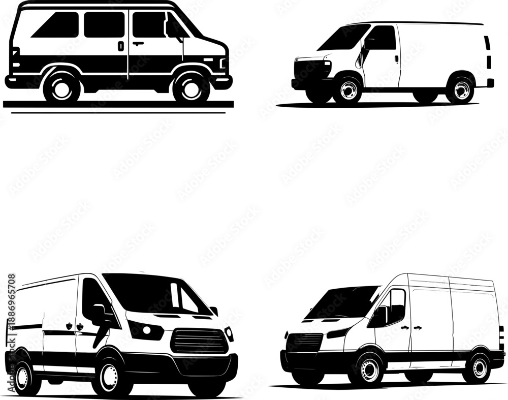 Obraz premium set of flat black and white van silhouette icon, clean vector style, isolated on white background.