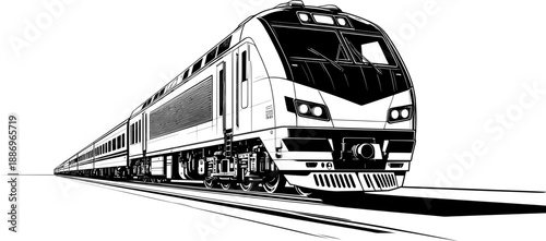 Flat black and white train silhouette icon, minimalist vector style, isolated on white background.