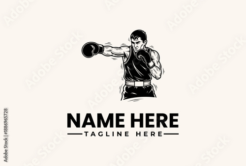 A black and white illustration of a muscular man boxing with a logo and placeholder text for 'NAME HERE' and 'TAGLINE HERE' on a plain background.