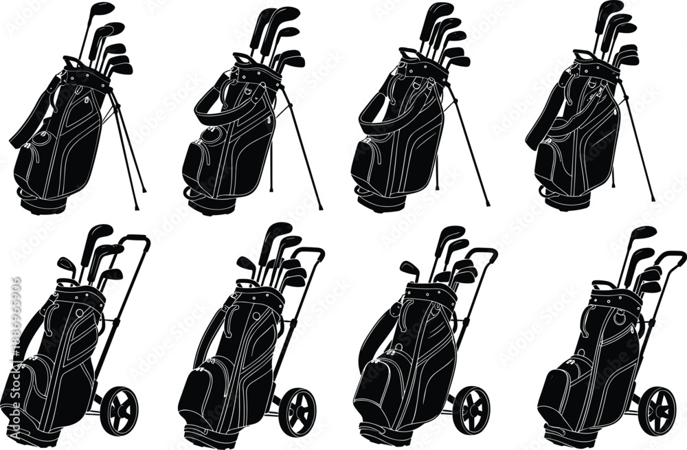 Obraz premium Golf bag silhouette collection featuring professional golf club bags with carts and stands in black vector style for sports equipment design training branding and athletic illustration projects
