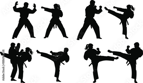 Large Collection of Martial Arts Silhouettes Featuring Men and Women Practicing Karate Taekwondo Poses Kicking Punching and Training for Sports Graphic Design and Vector Illustrations