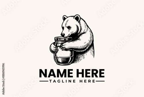 A black and white illustration of a bear holding a jar with a placeholder text for a logo or name in a simple, iconic style against a plain background.