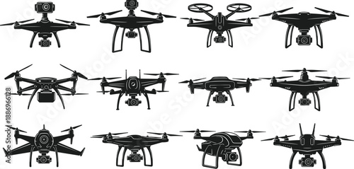 Professional drone silhouette set with quadcopter UAV camera designs for aerial photography videography surveillance mapping inspection and modern aviation technology illustration projects