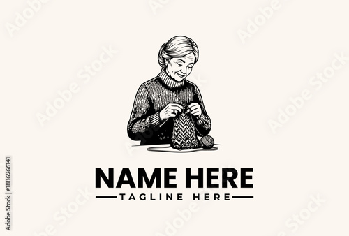 A woman sitting and working on a ball of yarn with a placeholder logo and tagline on a plain background, illustration style.