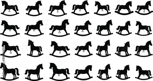 Rocking horse silhouette collection featuring classic toy horses in various poses in black vector style for children nursery decoration vintage design and playful illustration projects