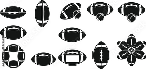 Set of American football vector icons showing different angles, rotations, and stylized designs, perfect for sports branding, logos, illustrations, and graphic design projects