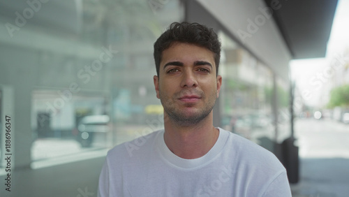 Tableau sur toile Man shows face closeup with steady gaze across street backdrop featuring young hispanic male in urban portrait with relaxed head posture