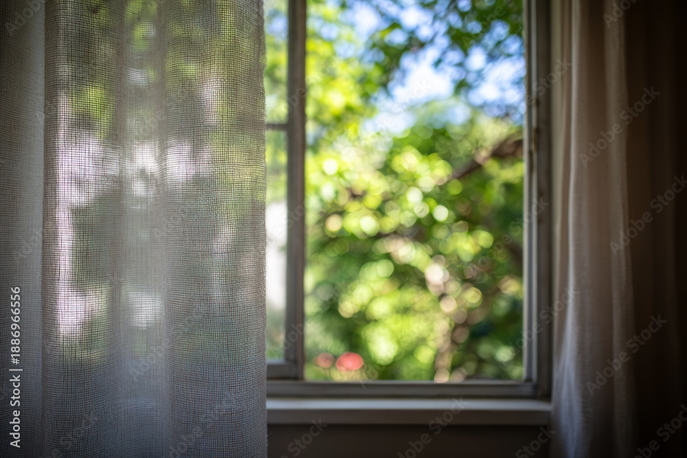 Naklejka premium Soft Daylight Diffusing Through Translucent Curtain by Open Window with Greenery