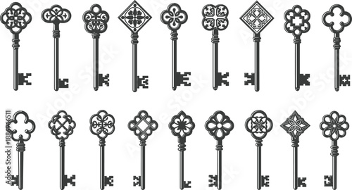 Vintage ornamental key silhouette collection featuring decorative antique keys in classic black vector style for security symbolism design branding illustration and retro graphic projects