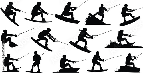 Wakeboarding silhouette icon set with riders performing tricks isolated on white background, extreme water sports actions for recreation design, summer illustrations, and graphic projects