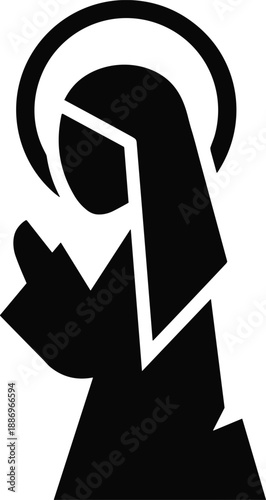 Black Silhouette Icon of Virgin Mary Praying with Halo Symbolizing Christianity and Spiritual Devotion Isolated on White Background for Religious and Christmas Design Projects