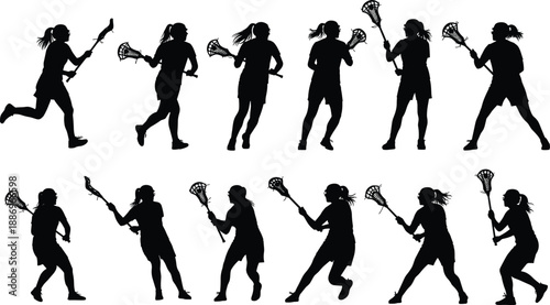 Women lacrosse player silhouette icon set isolated on white background, female athletes in action poses for sports design, team branding, training illustrations, and graphics